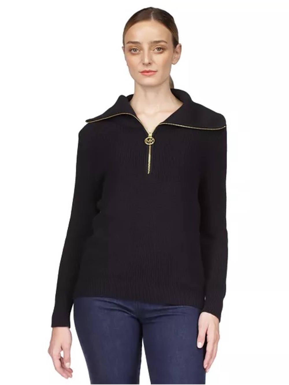 Michael Kors Women's Petite Medium PM Black Rib Knit Sweater 1/4 Zip Cowl Neck